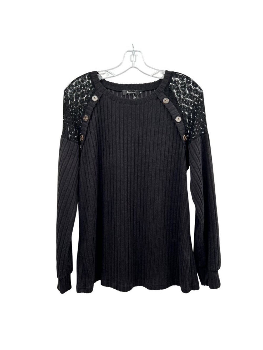 Automet Womens Pullover Sweater Knit Button Lace Shoulders Black Size Large